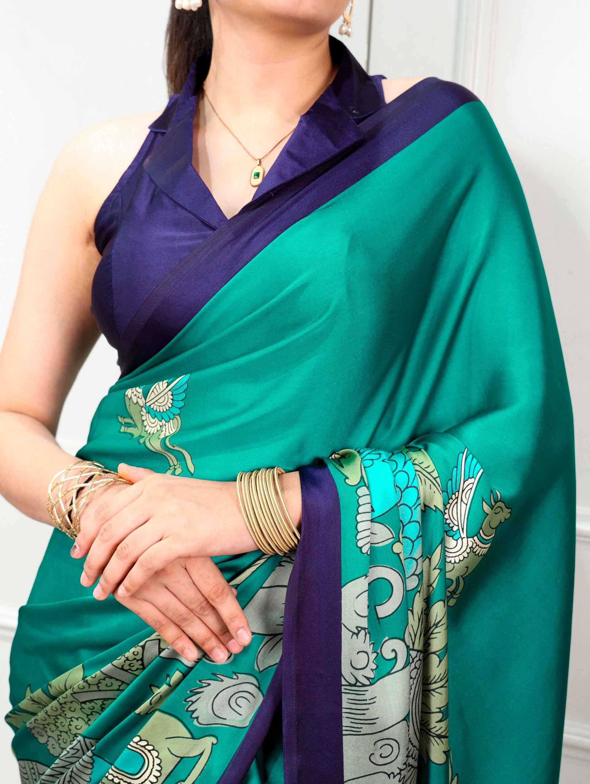 Firozi Pure Satin Silk Kalamkari Print Satin Saree