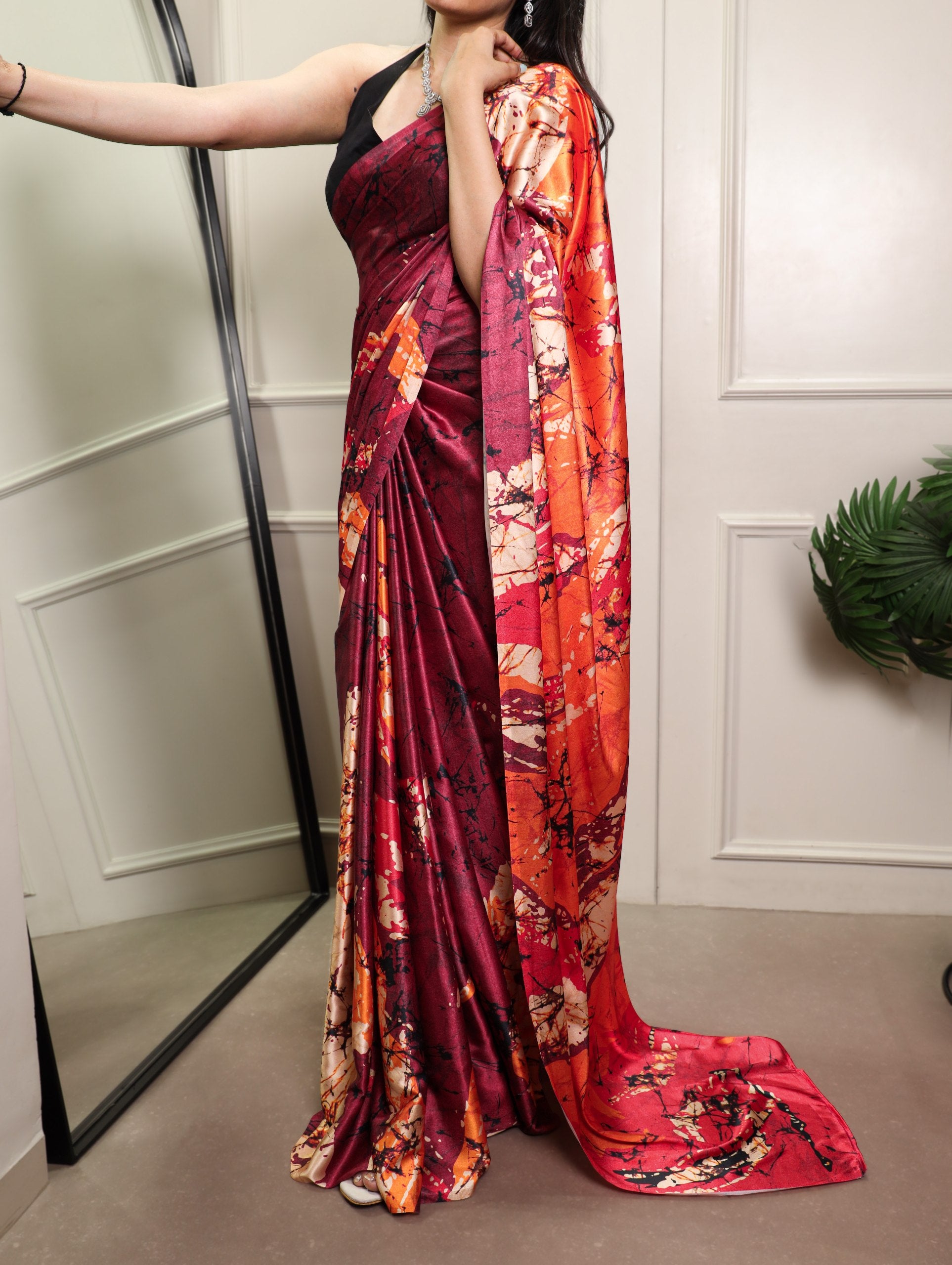 Maroon Pure Satin Silk Flower Print Satin Saree