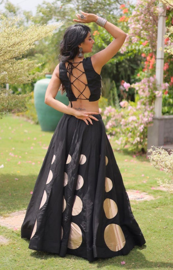 Black Pure Roman Silk With Attractive Round Gota Pattern Navratri Lehenga Choli