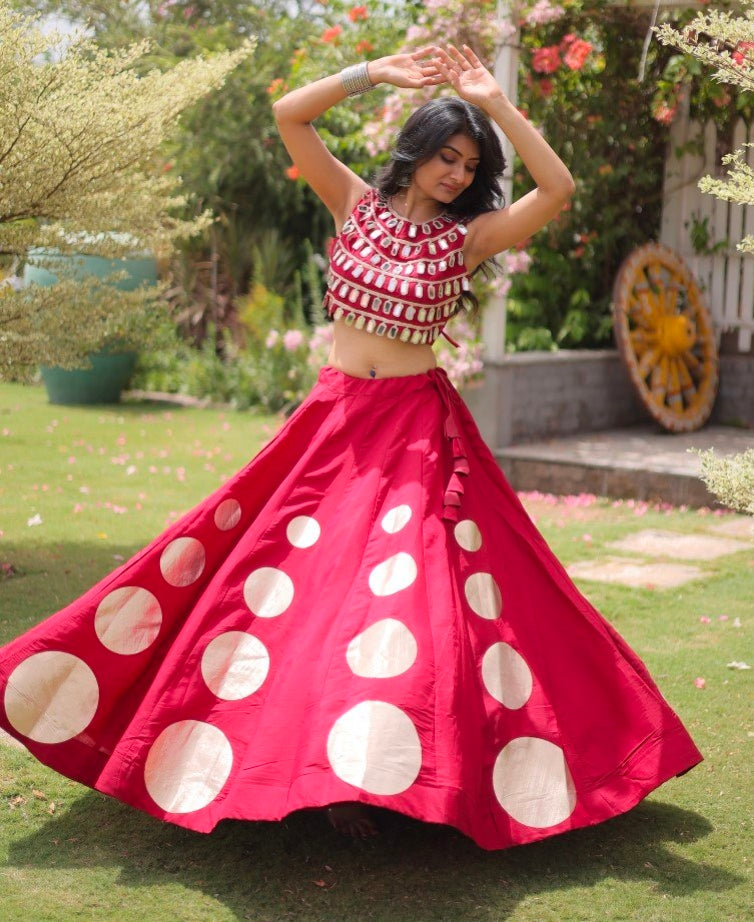 Maroon Pure Roman Silk With Attractive Round Gota Pattern Navratri Lehenga Choli