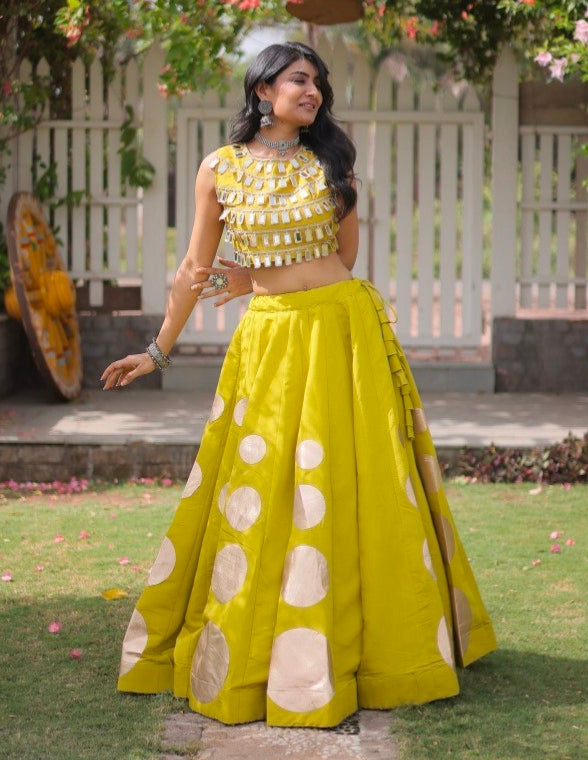 Parrot Pure Roman Silk With Attractive Round Gota Pattern Navratri Lehenga Choli