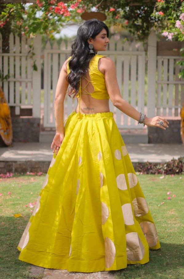 Parrot Pure Roman Silk With Attractive Round Gota Pattern Navratri Lehenga Choli