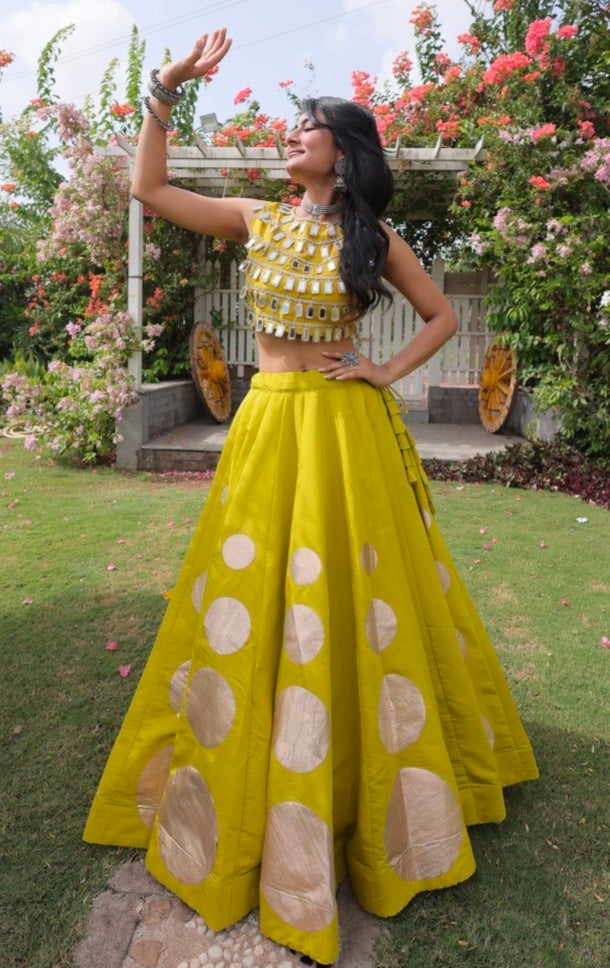 Parrot Pure Roman Silk With Attractive Round Gota Pattern Navratri Lehenga Choli