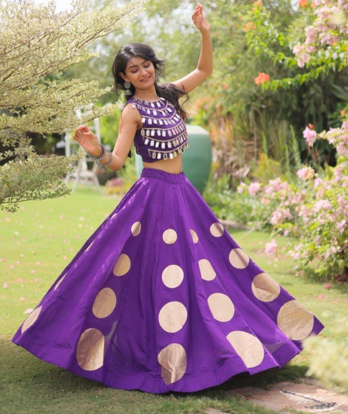 Purple Pure Roman Silk With Attractive Round Gota Pattern Navratri Lehenga Choli