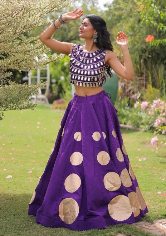 Purple Pure Roman Silk With Attractive Round Gota Pattern Navratri Lehenga Choli