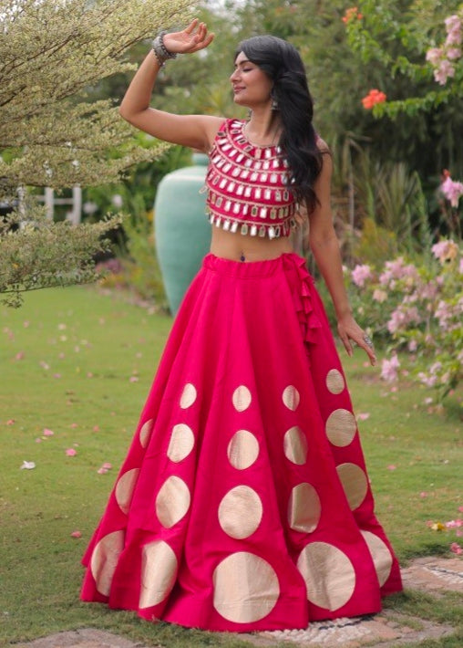Pink Pure Roman Silk With Attractive Round Gota Pattern Navratri Lehenga Choli