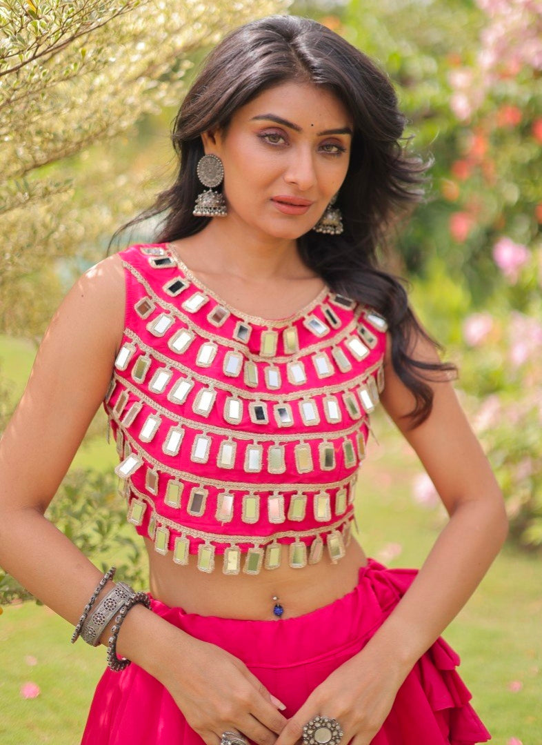 Pink Pure Roman Silk With Attractive Round Gota Pattern Navratri Lehenga Choli
