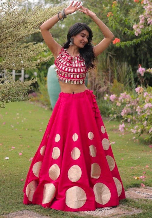 Pink Pure Roman Silk With Attractive Round Gota Pattern Navratri Lehenga Choli