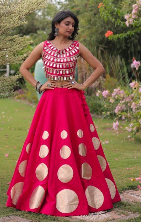 Pink Pure Roman Silk With Attractive Round Gota Pattern Navratri Lehenga Choli