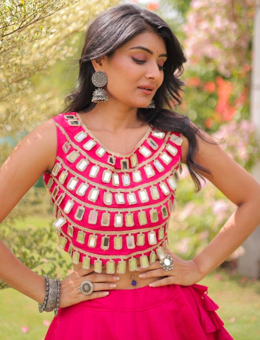 Pink Pure Roman Silk With Attractive Round Gota Pattern Navratri Lehenga Choli