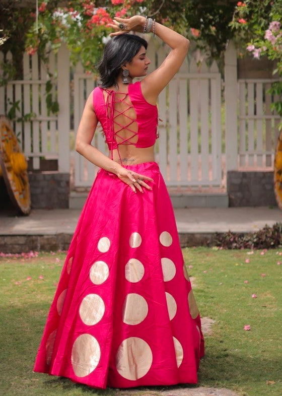 Pink Pure Roman Silk With Attractive Round Gota Pattern Navratri Lehenga Choli