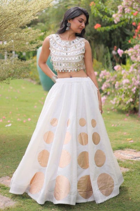 White Pure Roman Silk With Attractive Round Gota Pattern Navratri Lehenga Choli