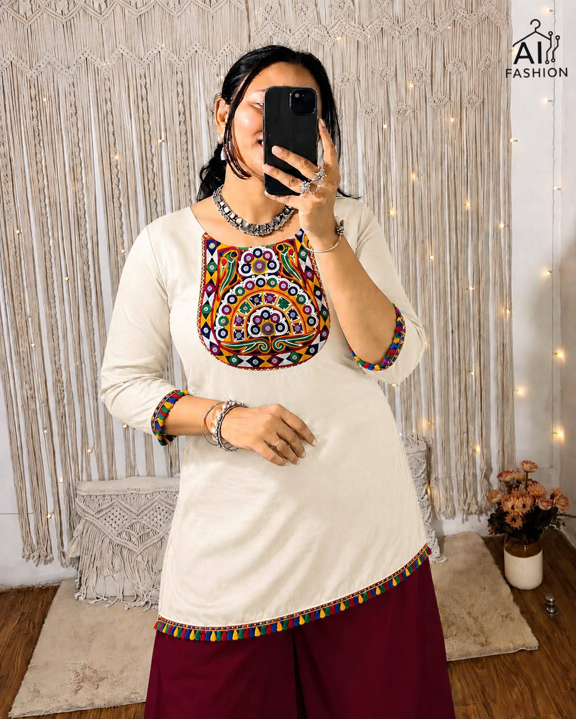 Cream Pure Rayon With Gamthi Embroidery & Real Mirror Readymade Kurti With Top