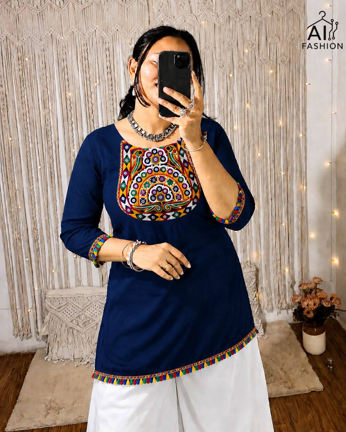 Navy Blue Pure Rayon With Gamthi Embroidery & Real Mirror Readymade Kurti With Top