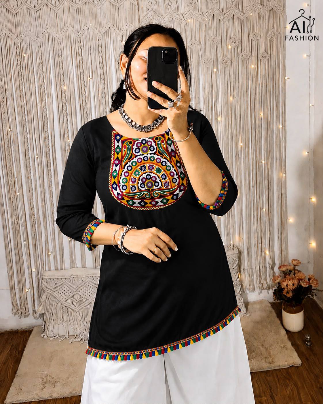 Black Pure Rayon With Gamthi Embroidery & Real Mirror Readymade Kurti With Top