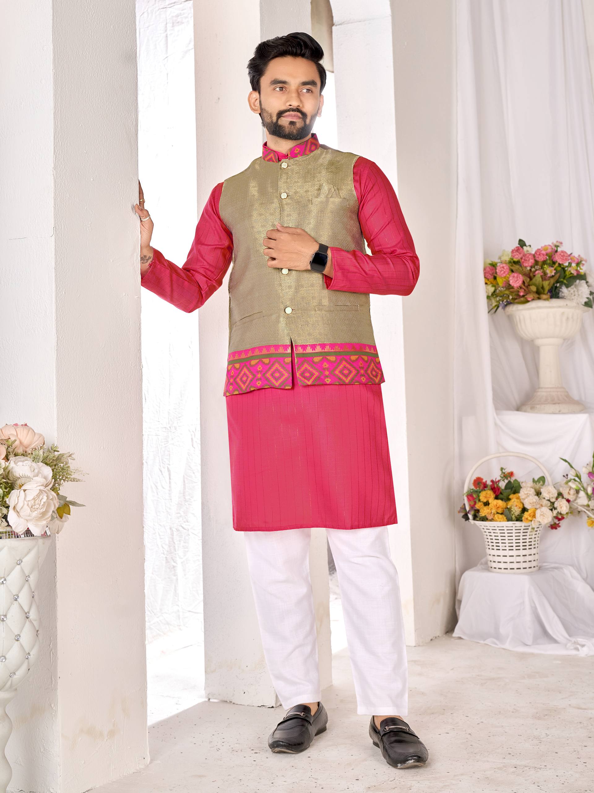 Olive Pure Jacquard Silk Lehenga Choli With Kurta Pajama Jacket Matching Couple Combo Set