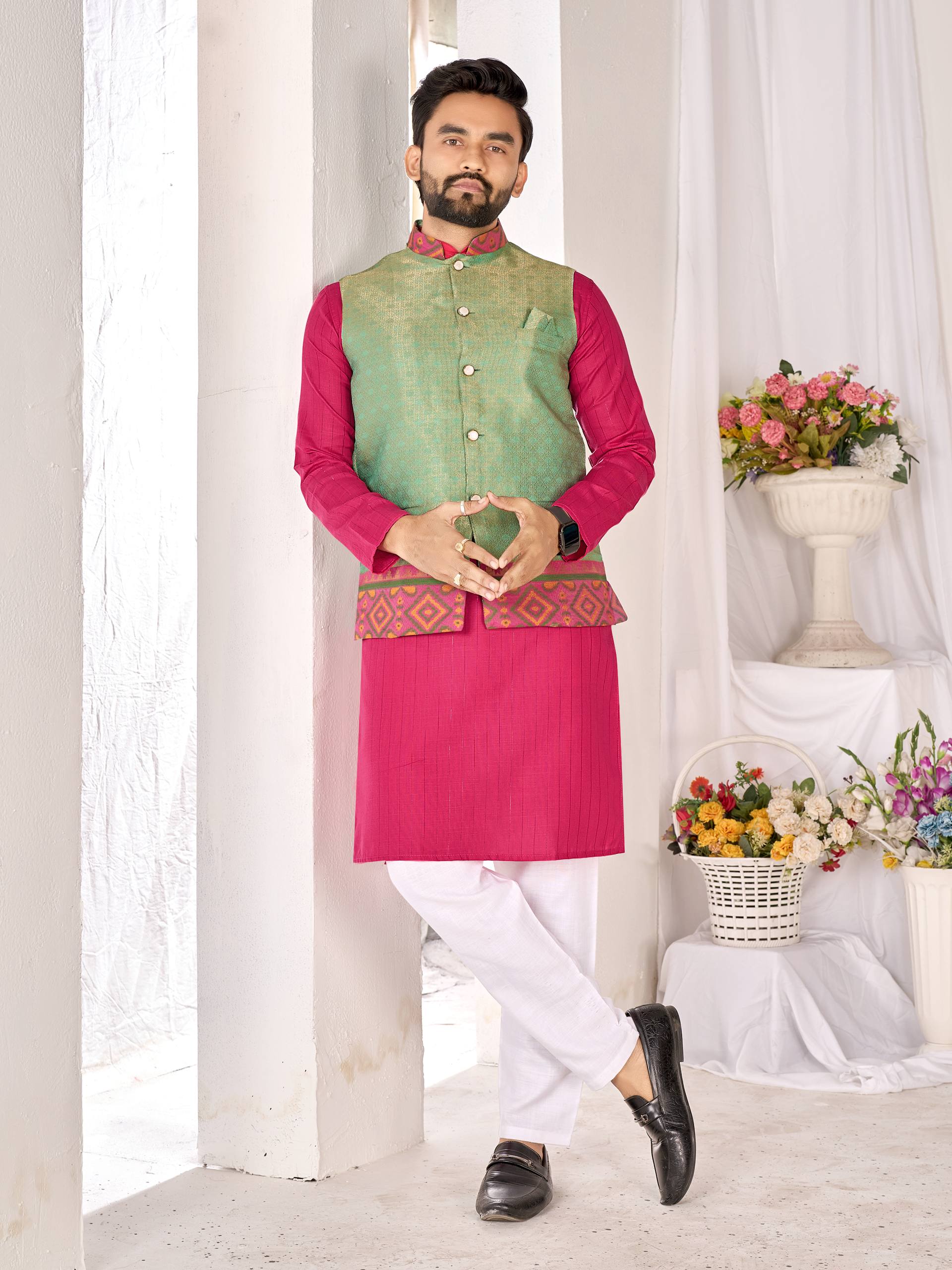 Green Pure Jacquard Silk Lehenga Choli With Kurta Pajama Jacket Matching Couple Combo Set