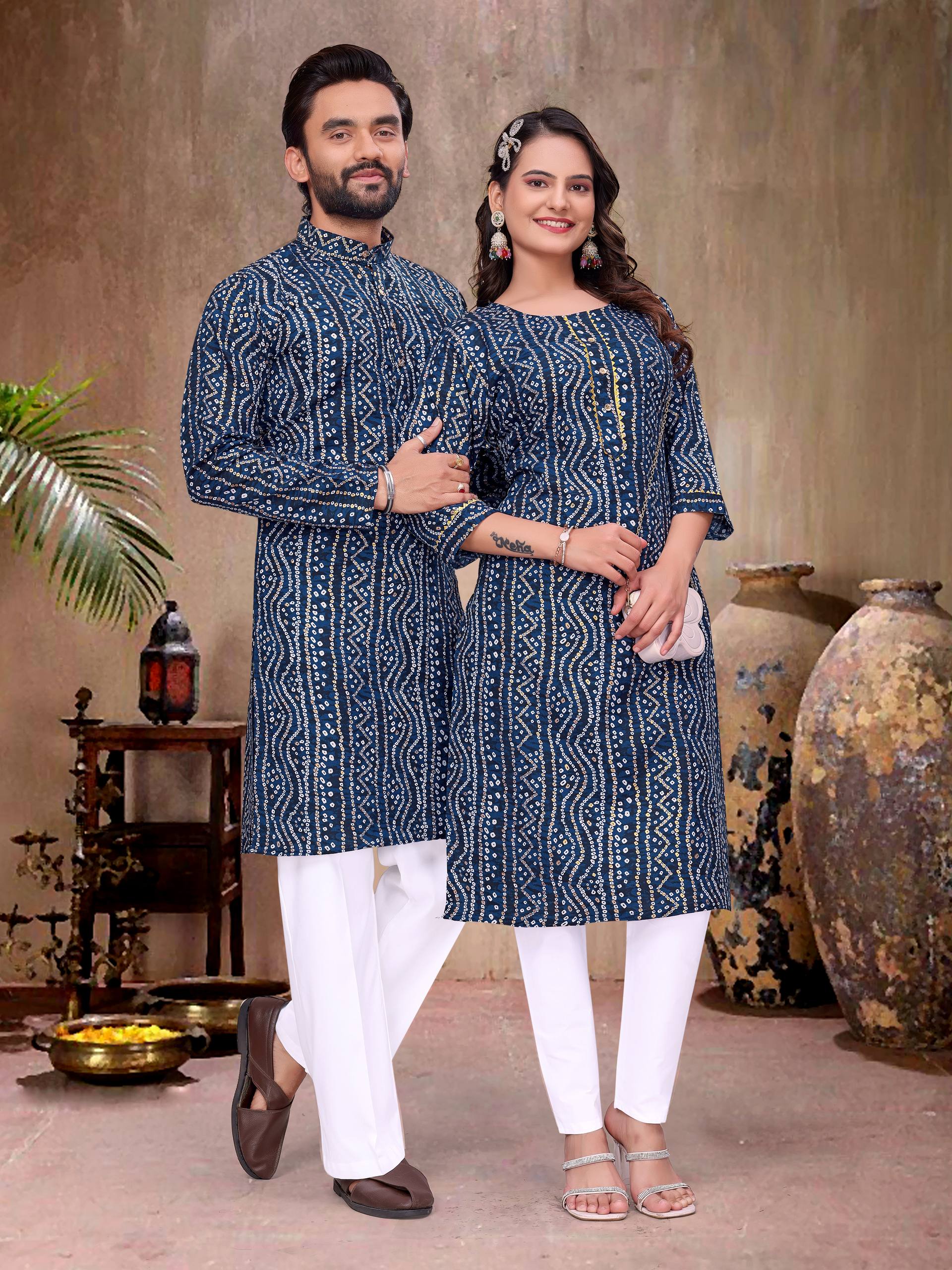Blue Pure Soft Cotton Bandhej Print Kurta Pajama Matching Couple Combo Set
