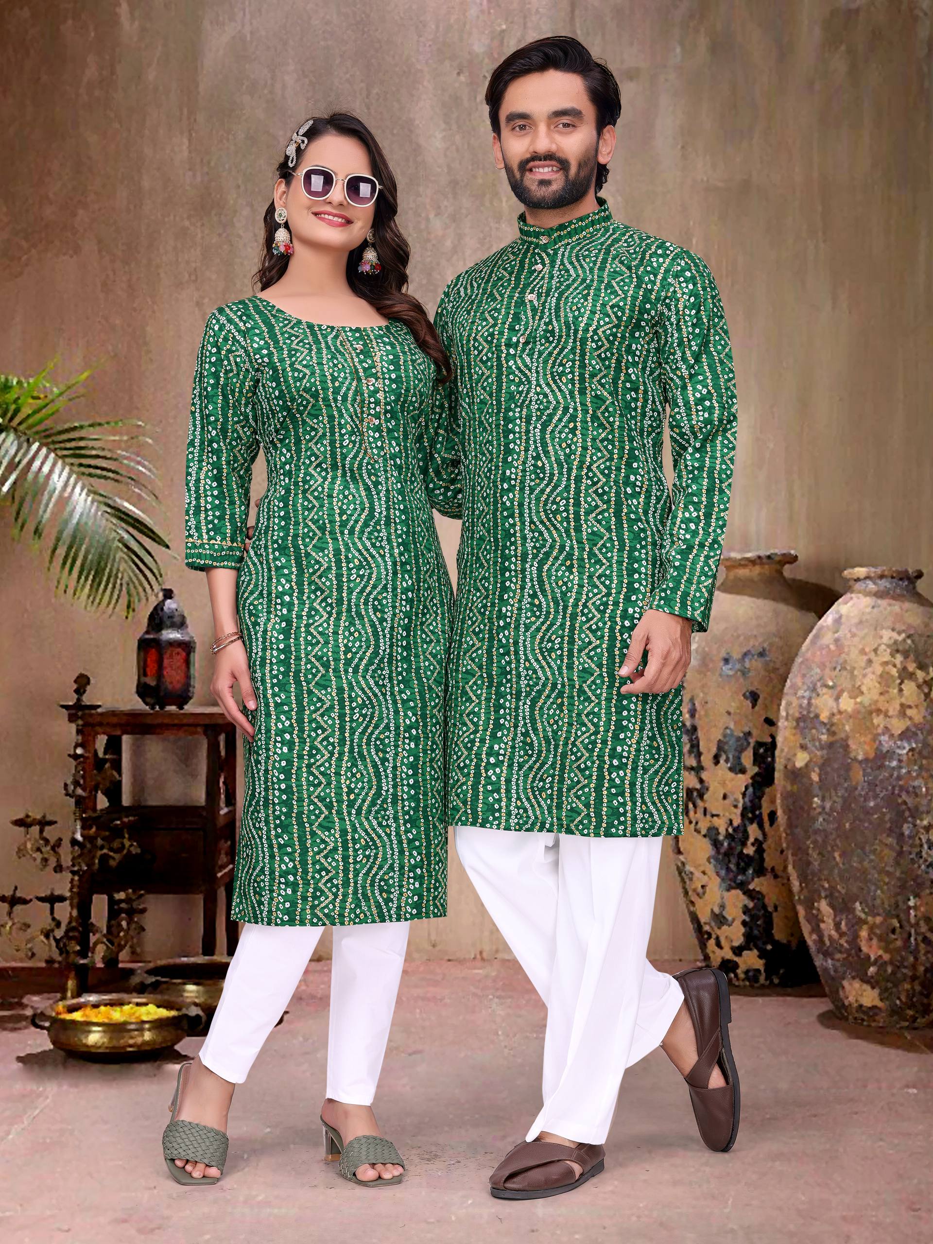 Green Pure Soft Cotton Bandhej Print Kurta Pajama Matching Couple Combo Set
