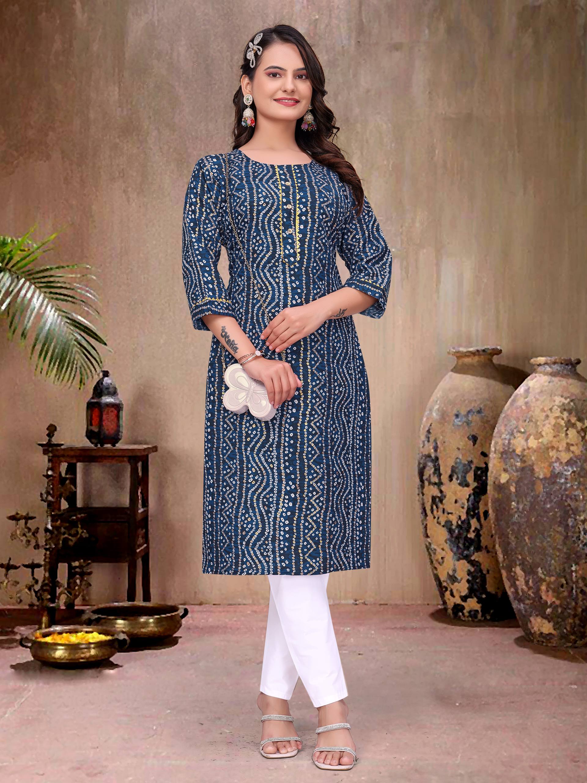 Blue Pure Soft Cotton Bandhej Print Kurta Pajama Matching Couple Combo Set