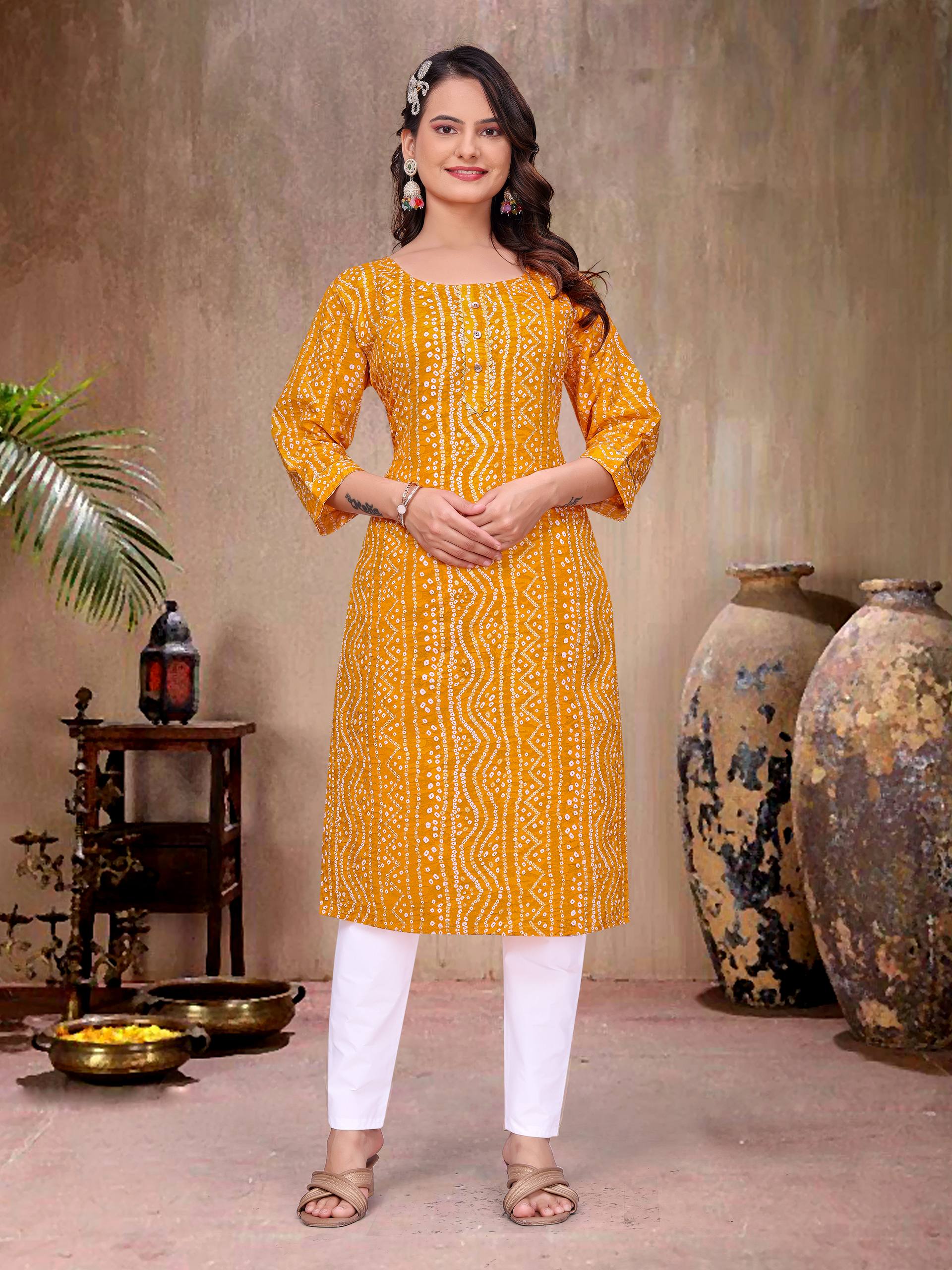 Yellow Pure Soft Cotton Bandhej Print Kurta Pajama Matching Couple Combo Set