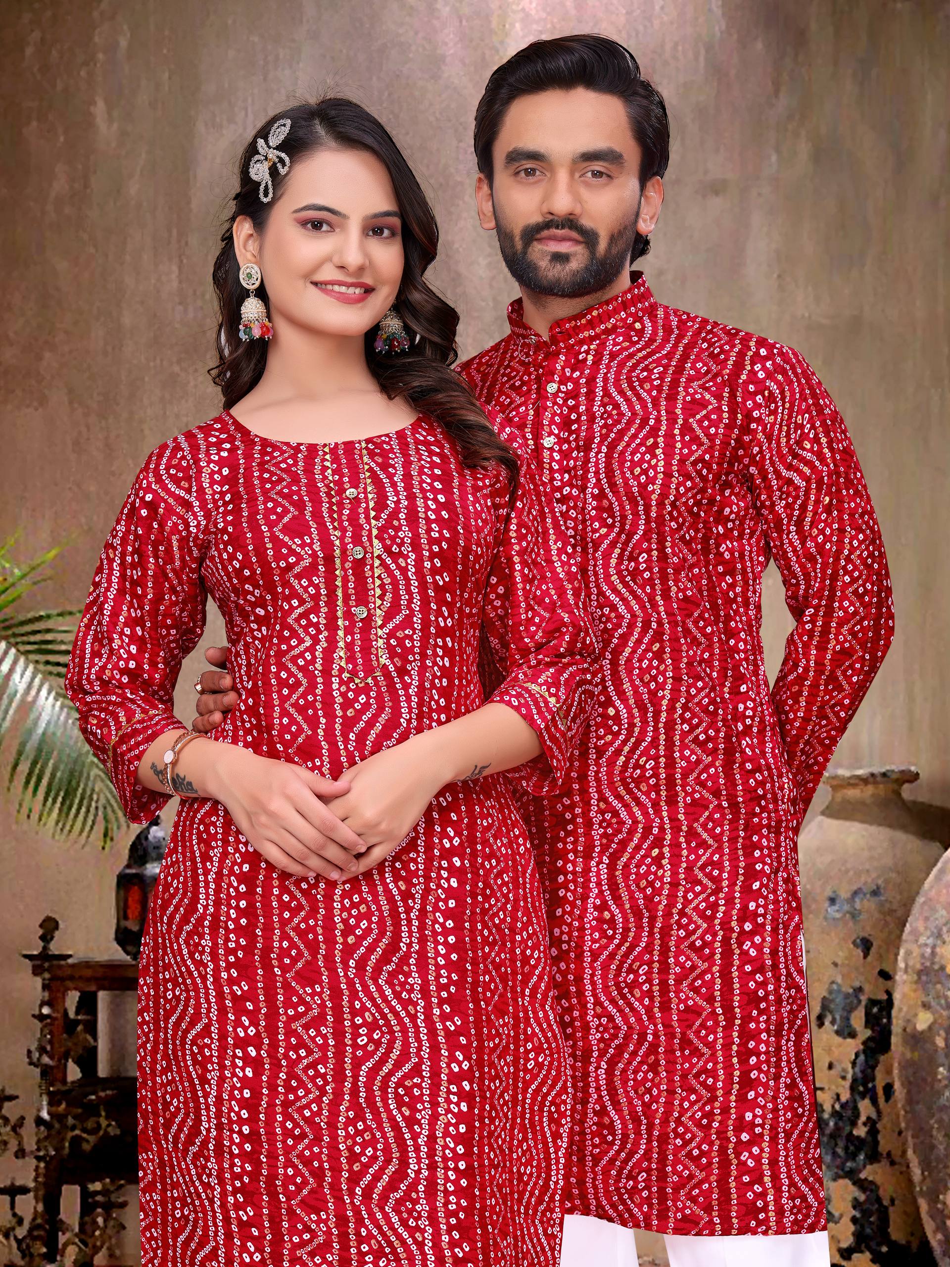 Red Pure Soft Cotton Bandhej Print Kurta Pajama Matching Couple Combo Set