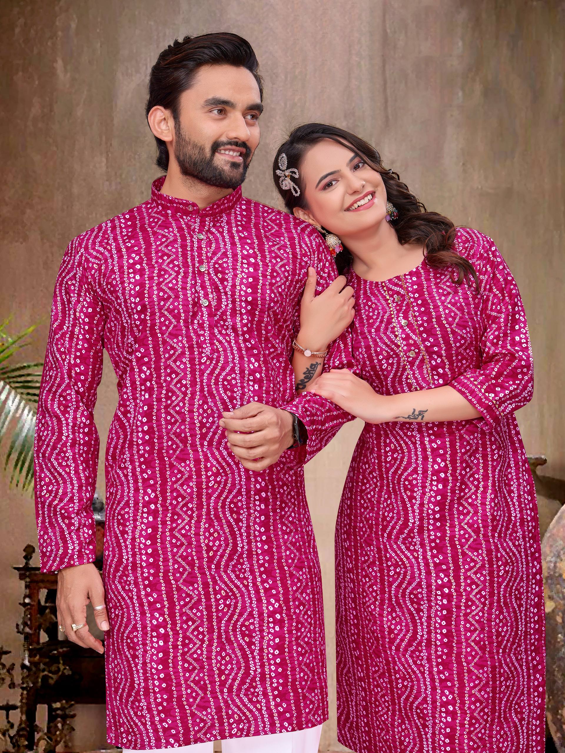 Pink Pure Soft Cotton Bandhej Print Kurta Pajama Matching Couple Combo Set