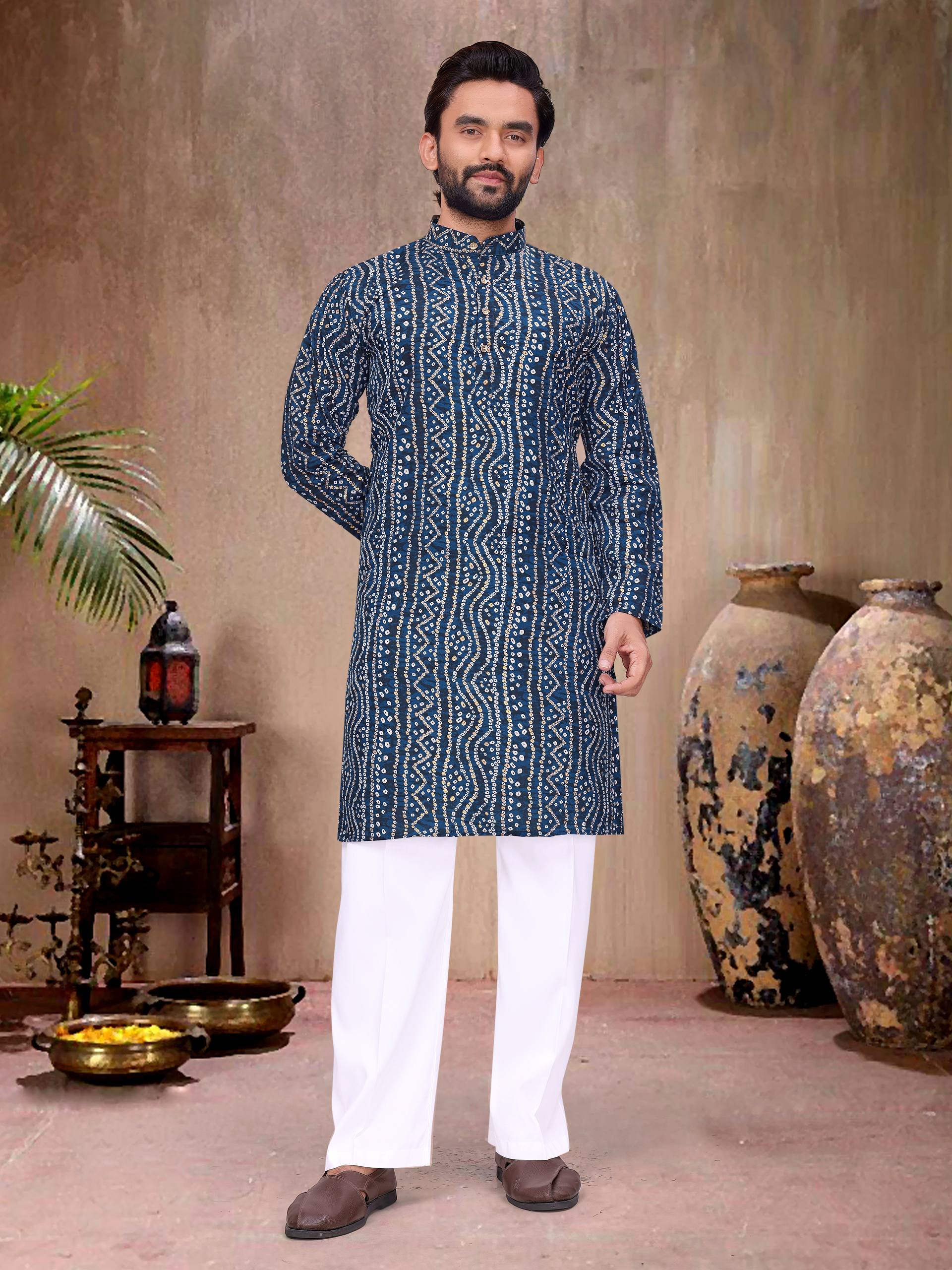 Blue Pure Soft Cotton Bandhej Print Kurta Pajama Matching Couple Combo Set