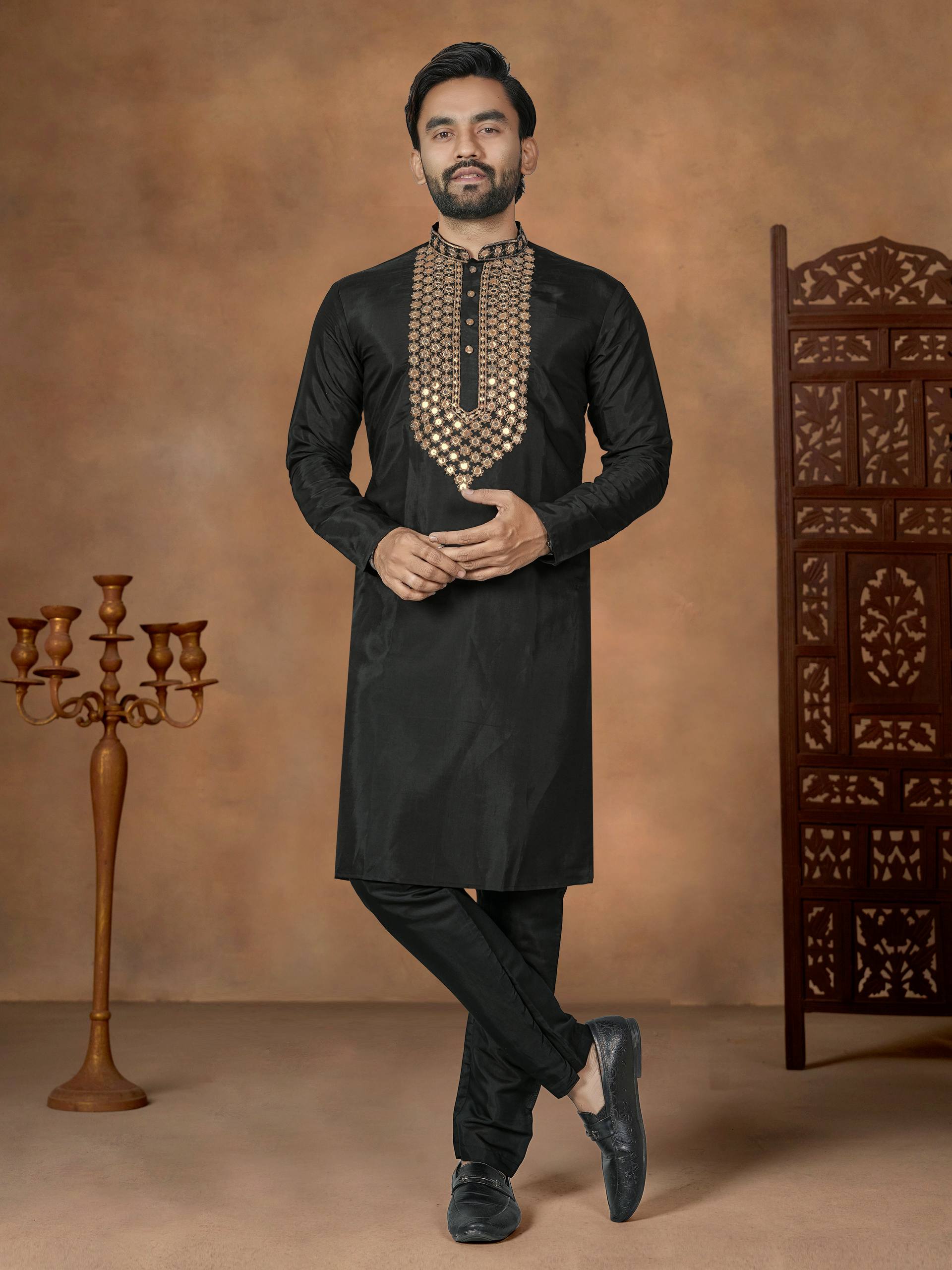 Black Pure Soft Premium Silk Kurta Pajama With Father & Son Matching Combo Set