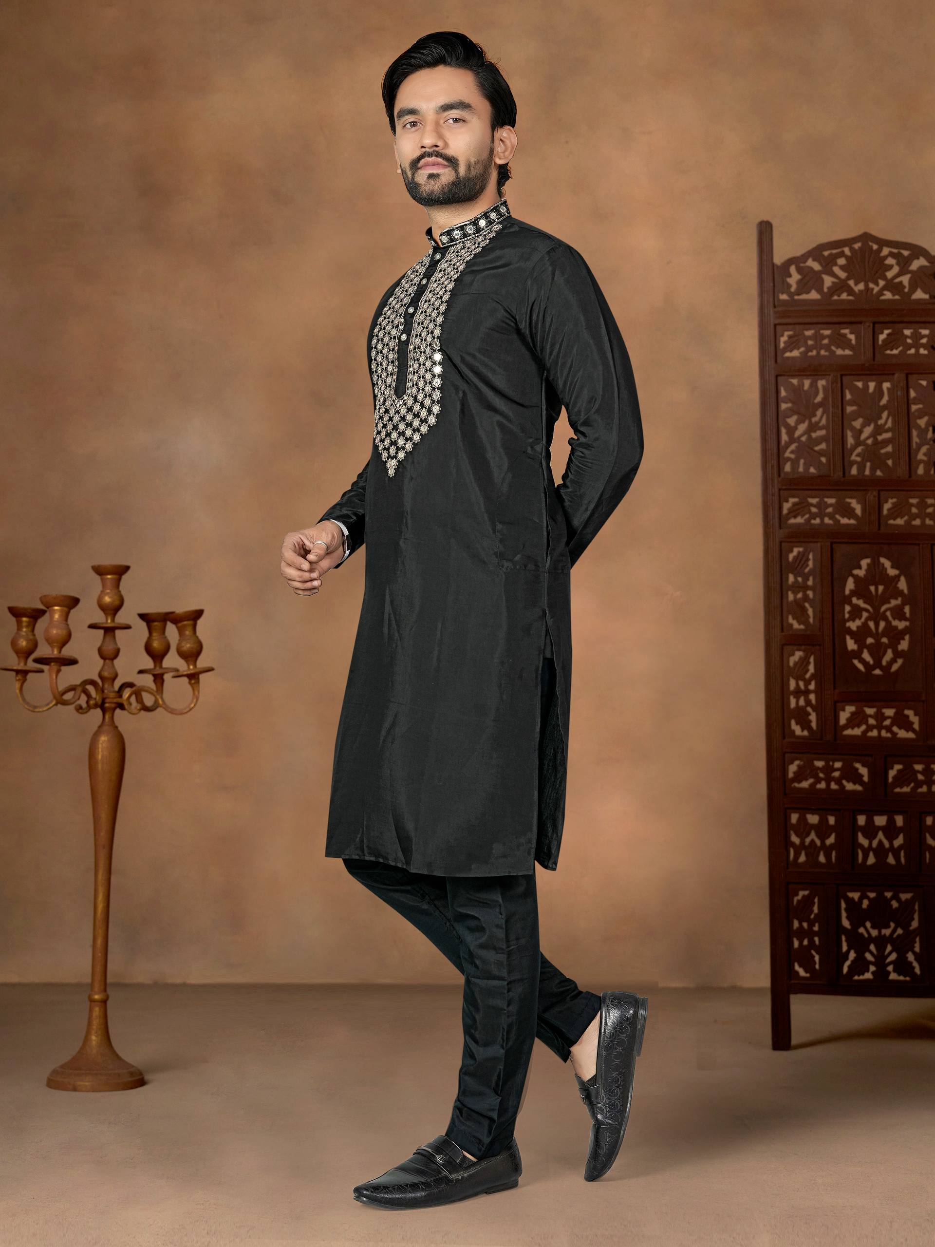 Black Pure Soft Premium Silk Kurta Pajama With Father & Son Matching Combo Set