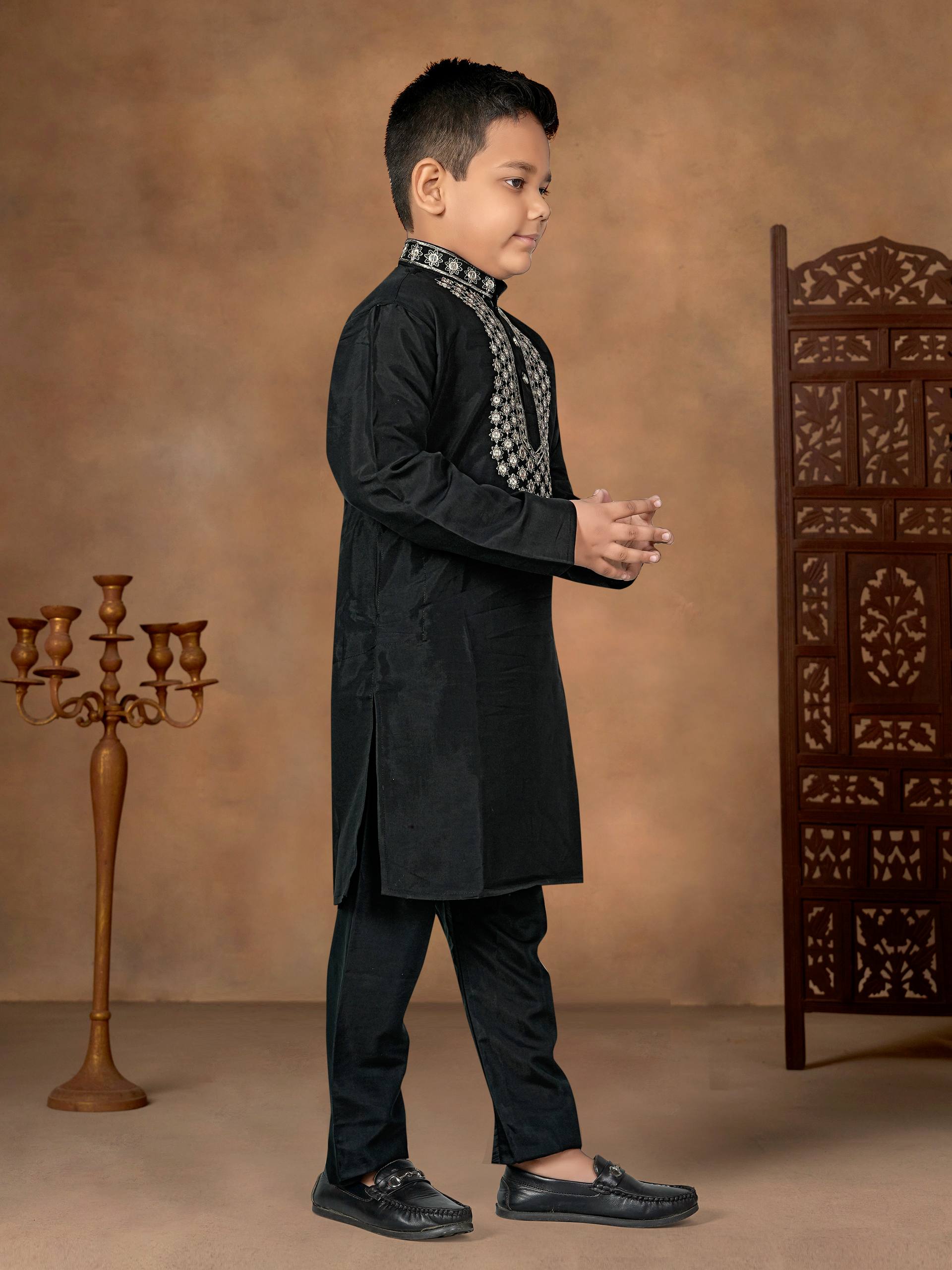 Black Pure Soft Premium Silk Kurta Pajama With Father & Son Matching Combo Set