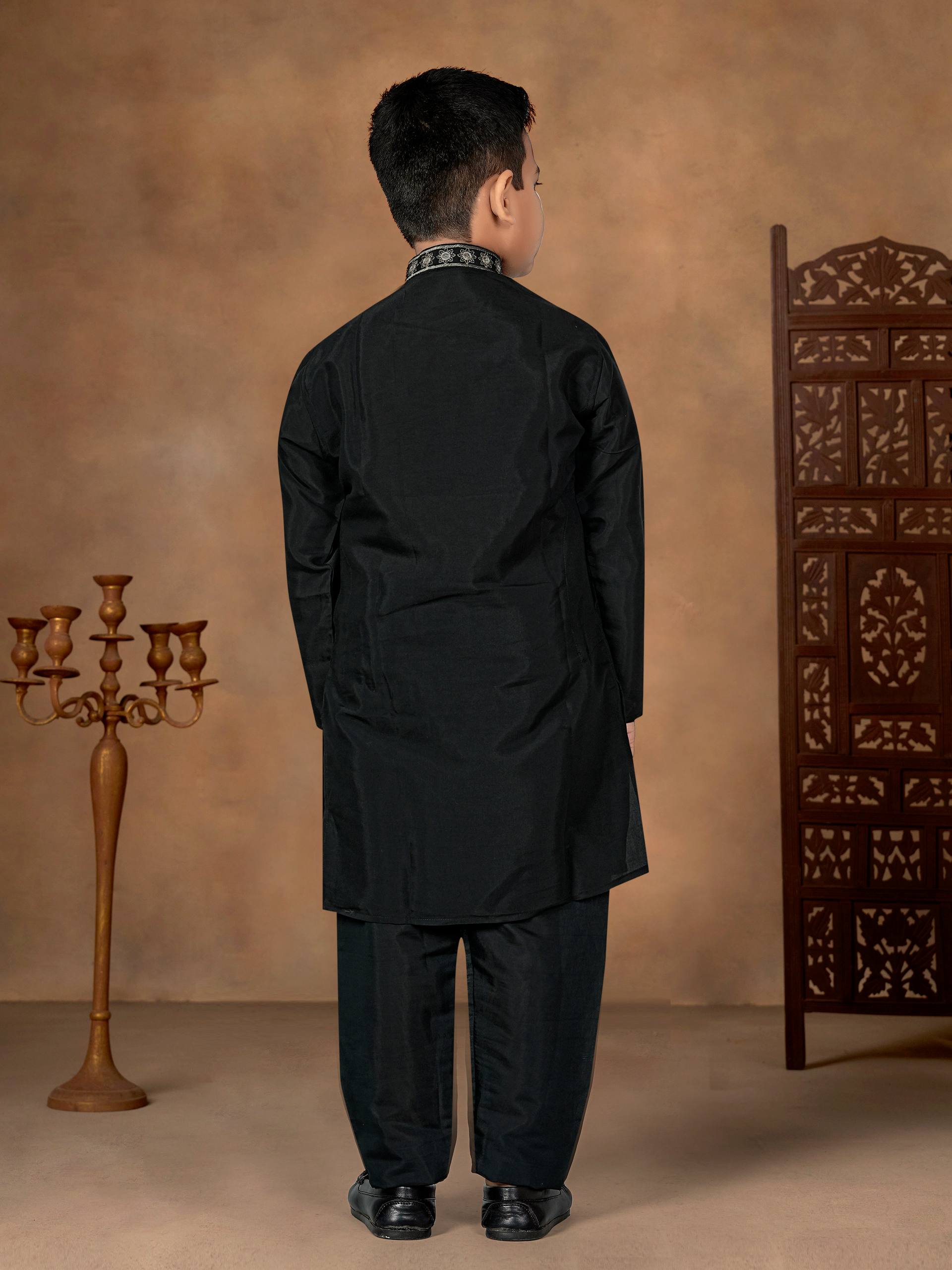 Black Pure Soft Premium Silk Kurta Pajama With Father & Son Matching Combo Set