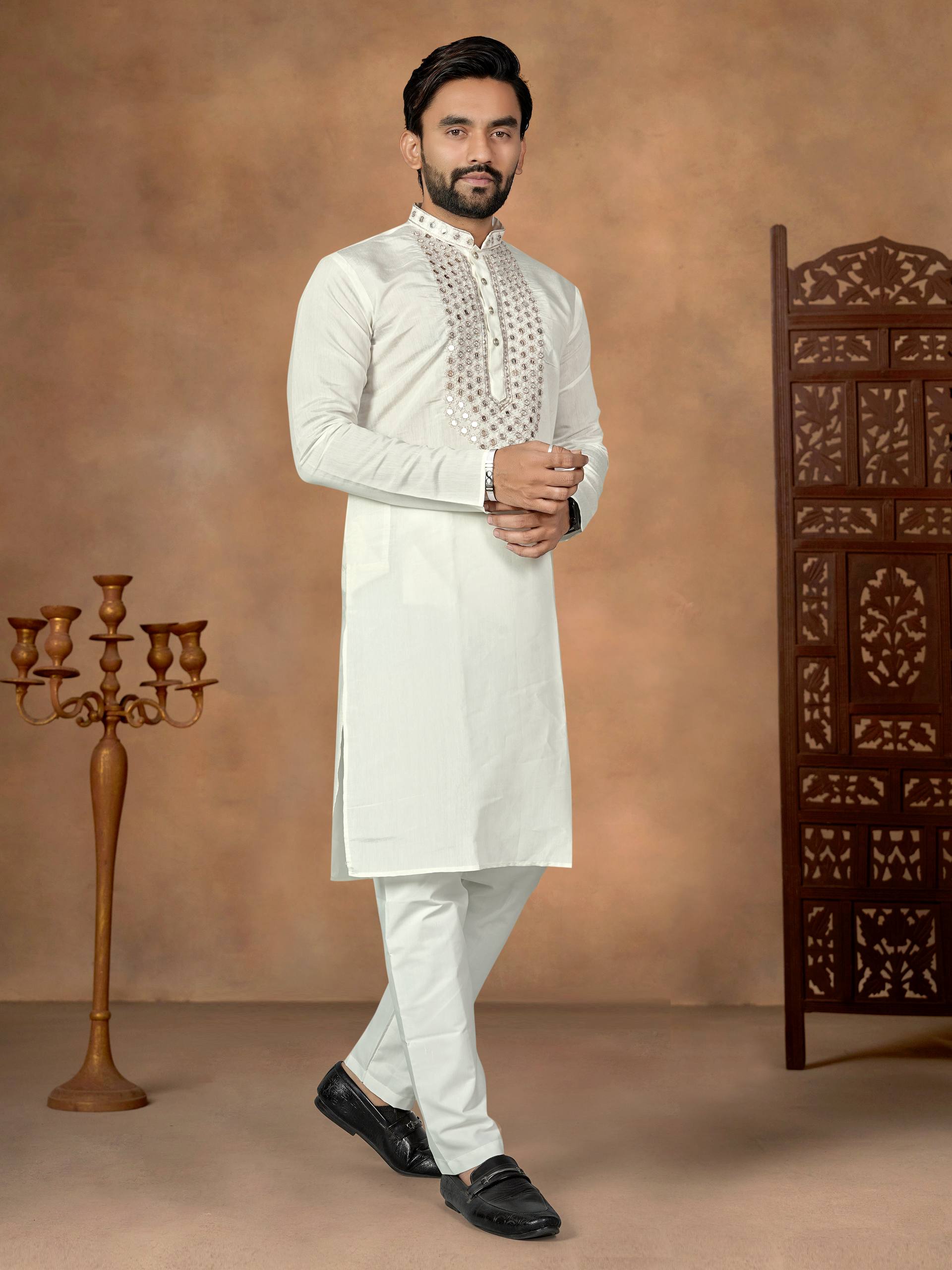White Pure Soft Premium Silk Kurta Pajama With Father & Son Matching Combo Set