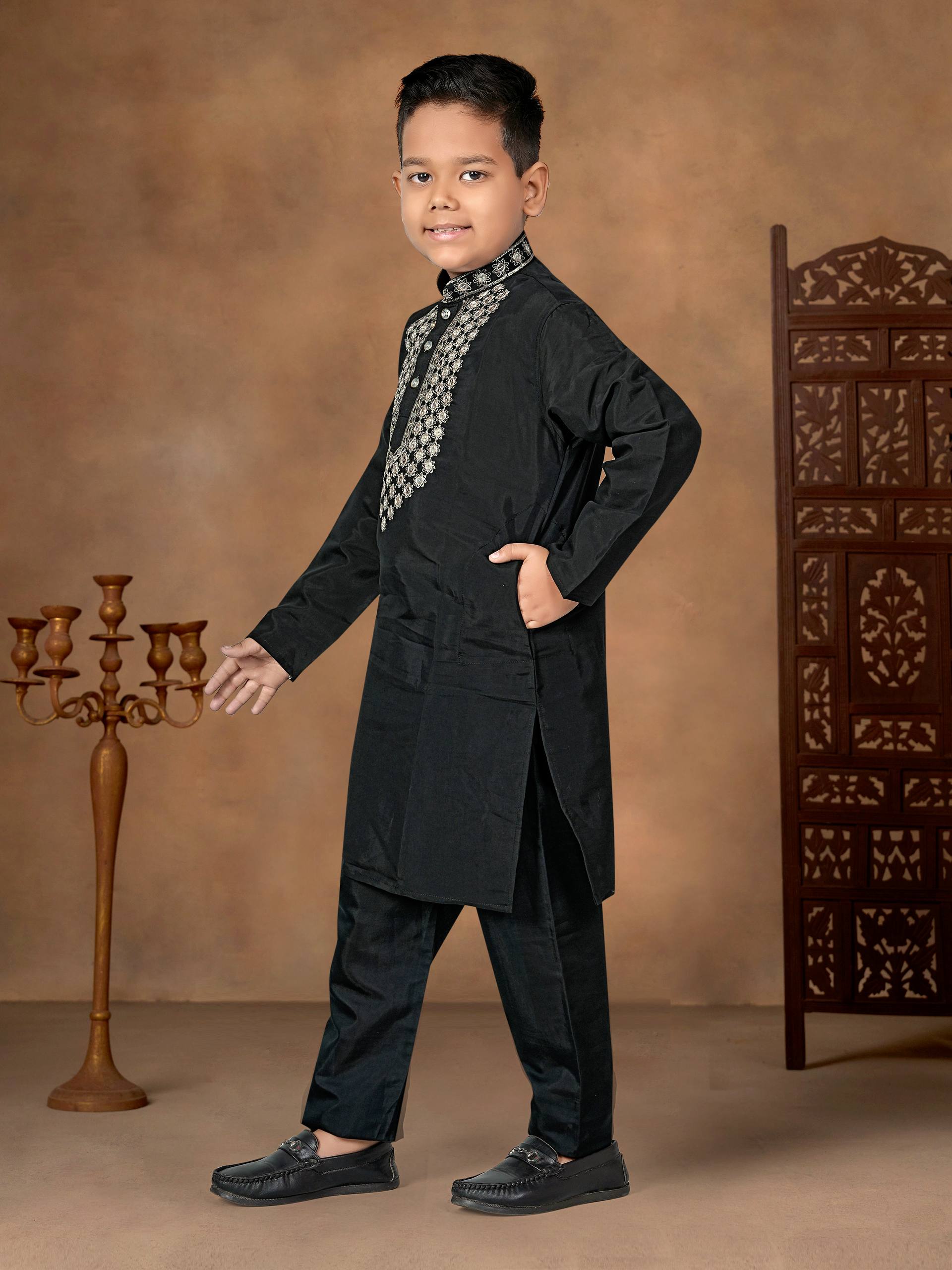 Black Pure Soft Premium Silk Kurta Pajama With Father & Son Matching Combo Set