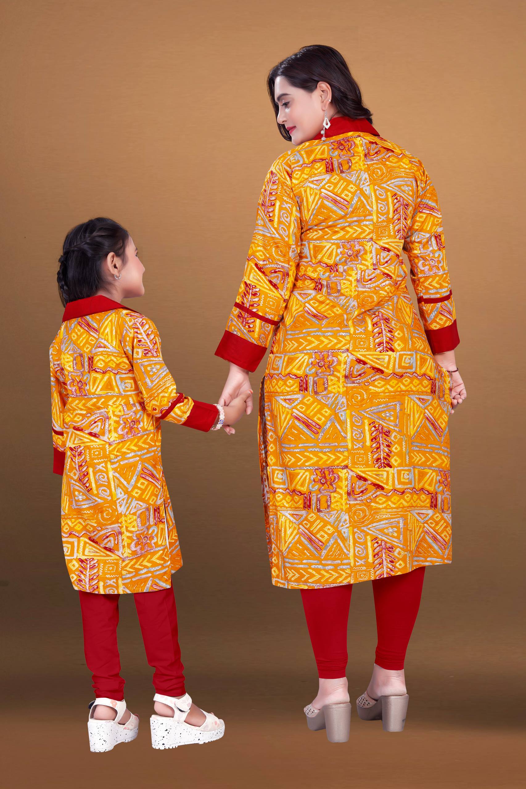 Yellow Pure Soft Reyon Printed Kurta Pajama Mother Daughter Matching Couple Combo Set