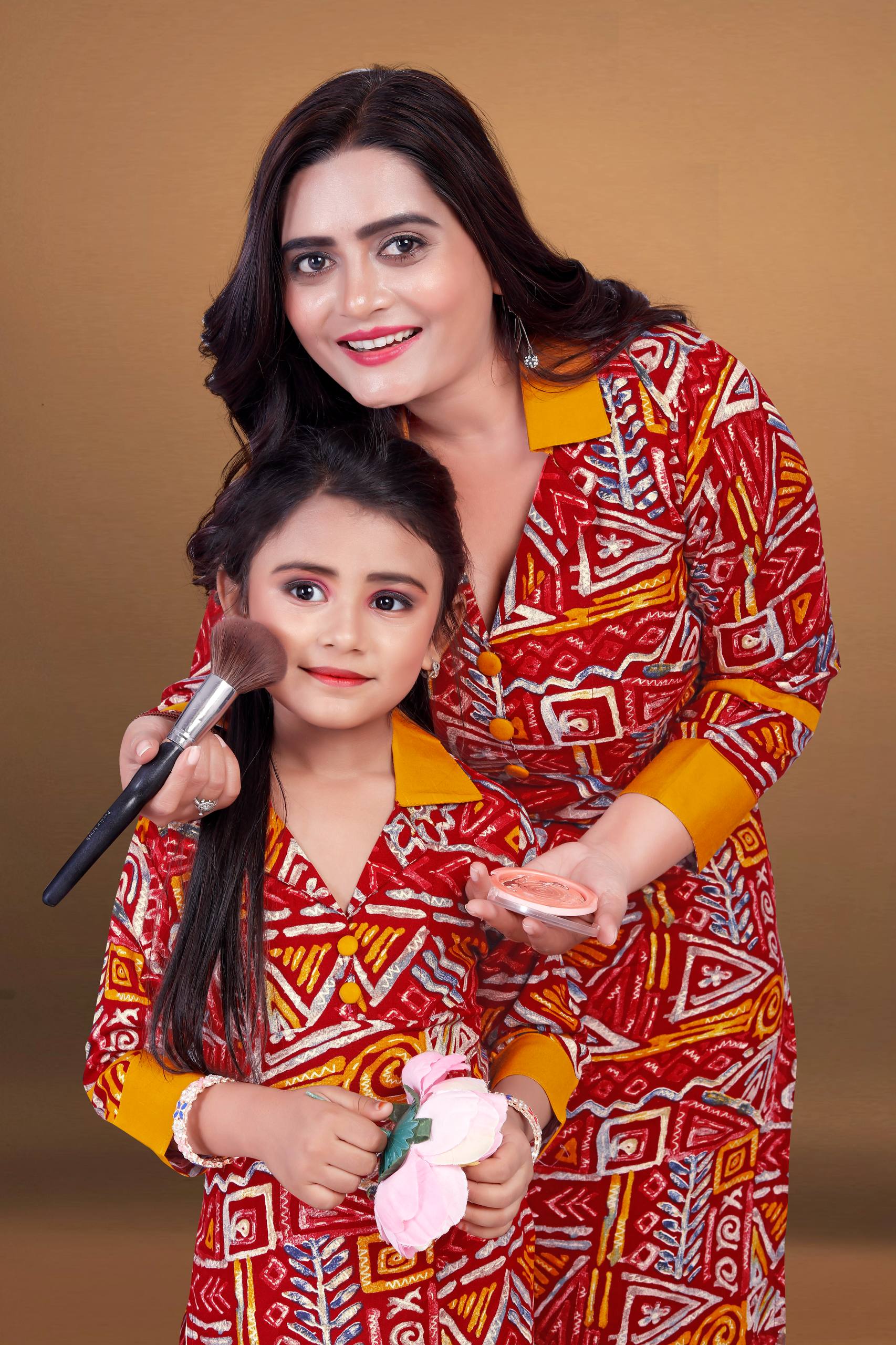 Red Pure Soft Reyon Printed Kurta Pajama Mother Daughter Matching Couple Combo Set