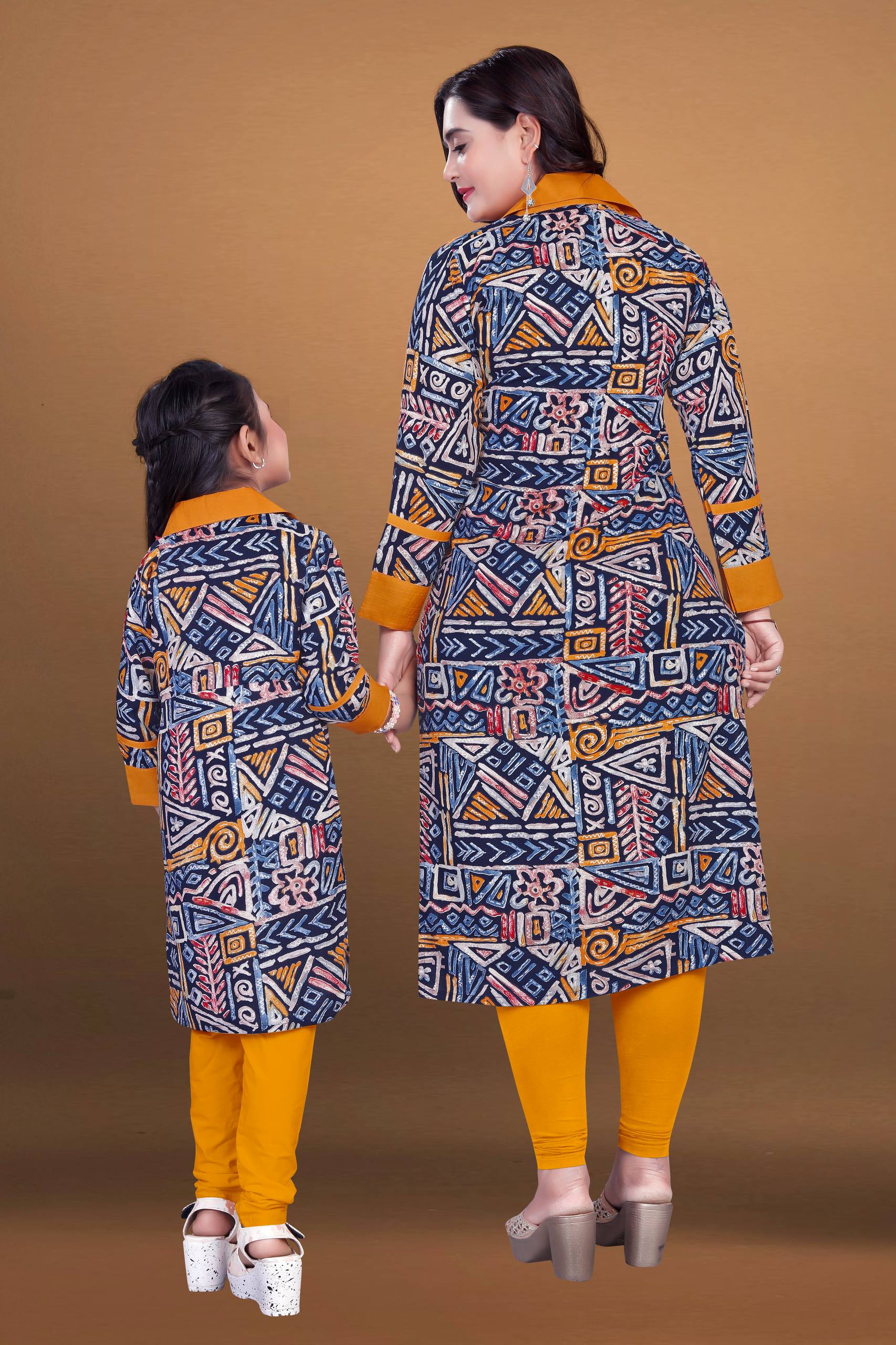 Blue Pure Soft Reyon Printed Kurta Pajama Mother Daughter Matching Couple Combo Set