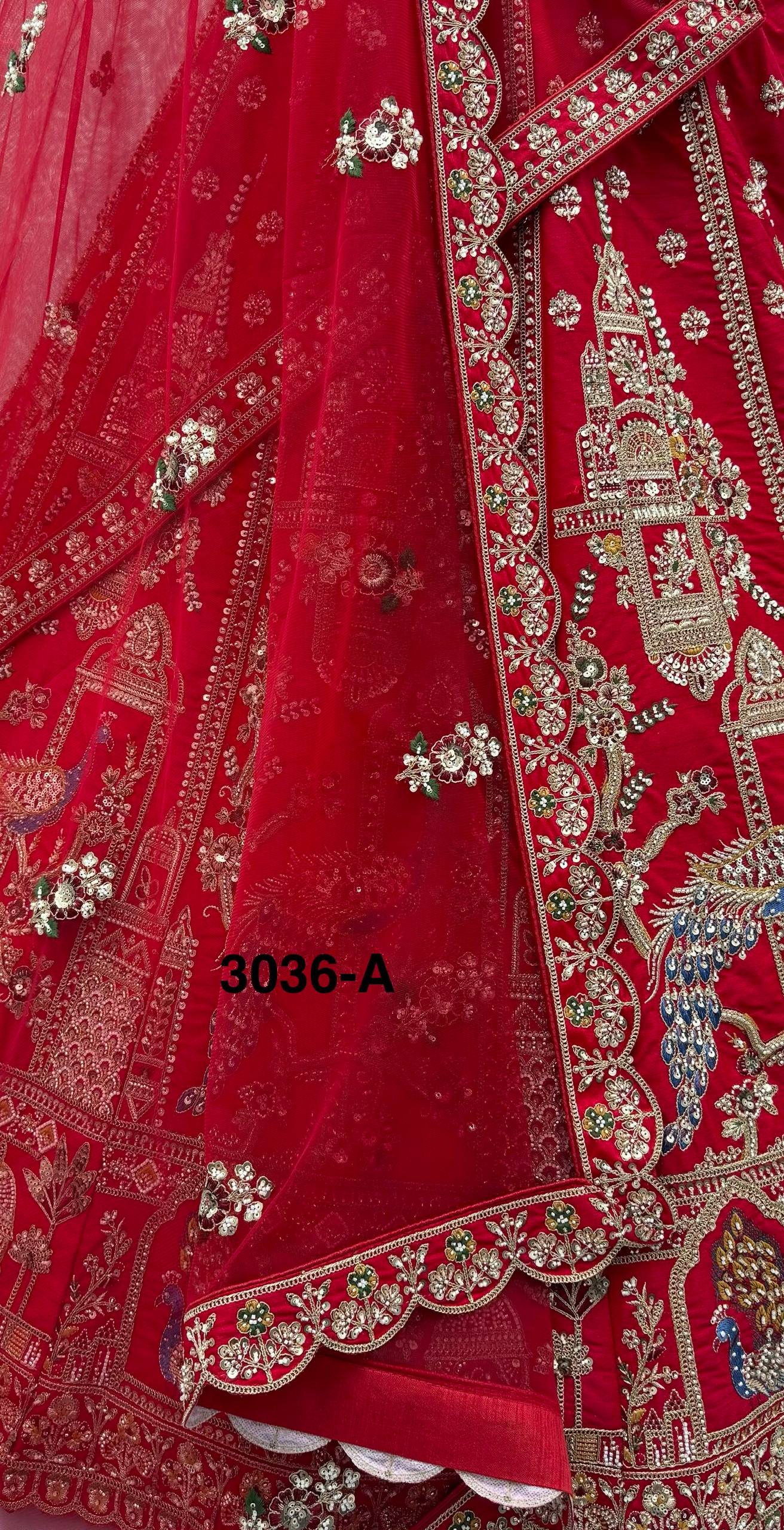 Red Pure Gadhwal Silk Khatali Handwork Sequins & Crystal Bridal Lehenga Choli