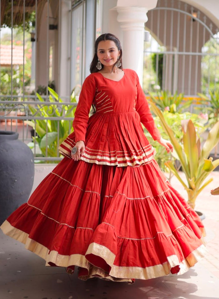 Rust Pure Cora Cotton With Attractive Gota-Patti Work Navratri Lehenga Choli