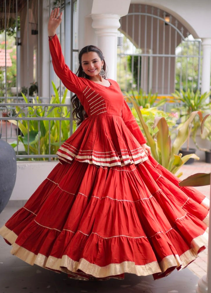 Rust Pure Cora Cotton With Attractive Gota-Patti Work Navratri Lehenga Choli