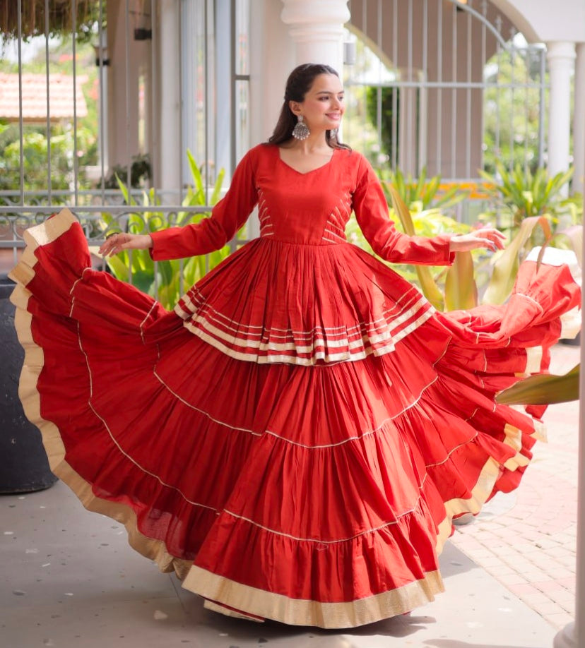 Rust Pure Cora Cotton With Attractive Gota-Patti Work Navratri Lehenga Choli