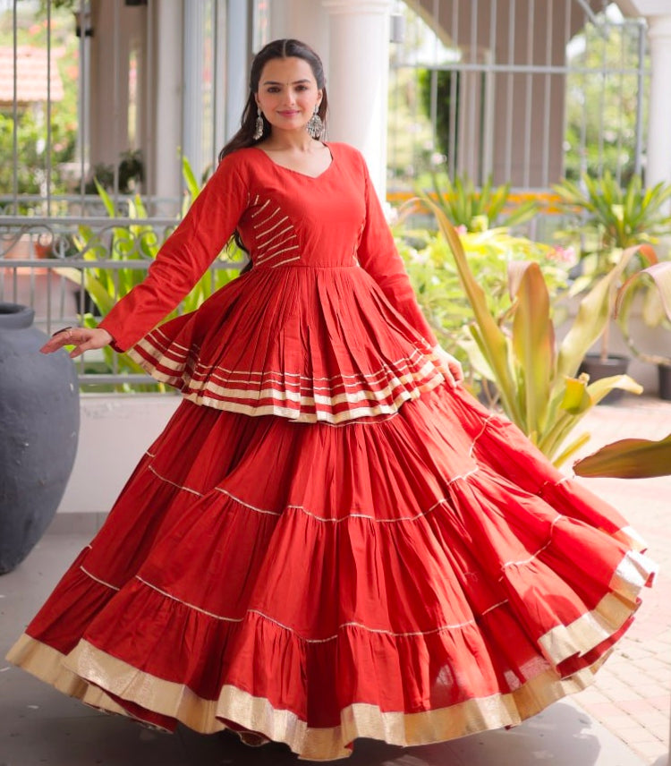 Rust Pure Cora Cotton With Attractive Gota-Patti Work Navratri Lehenga Choli
