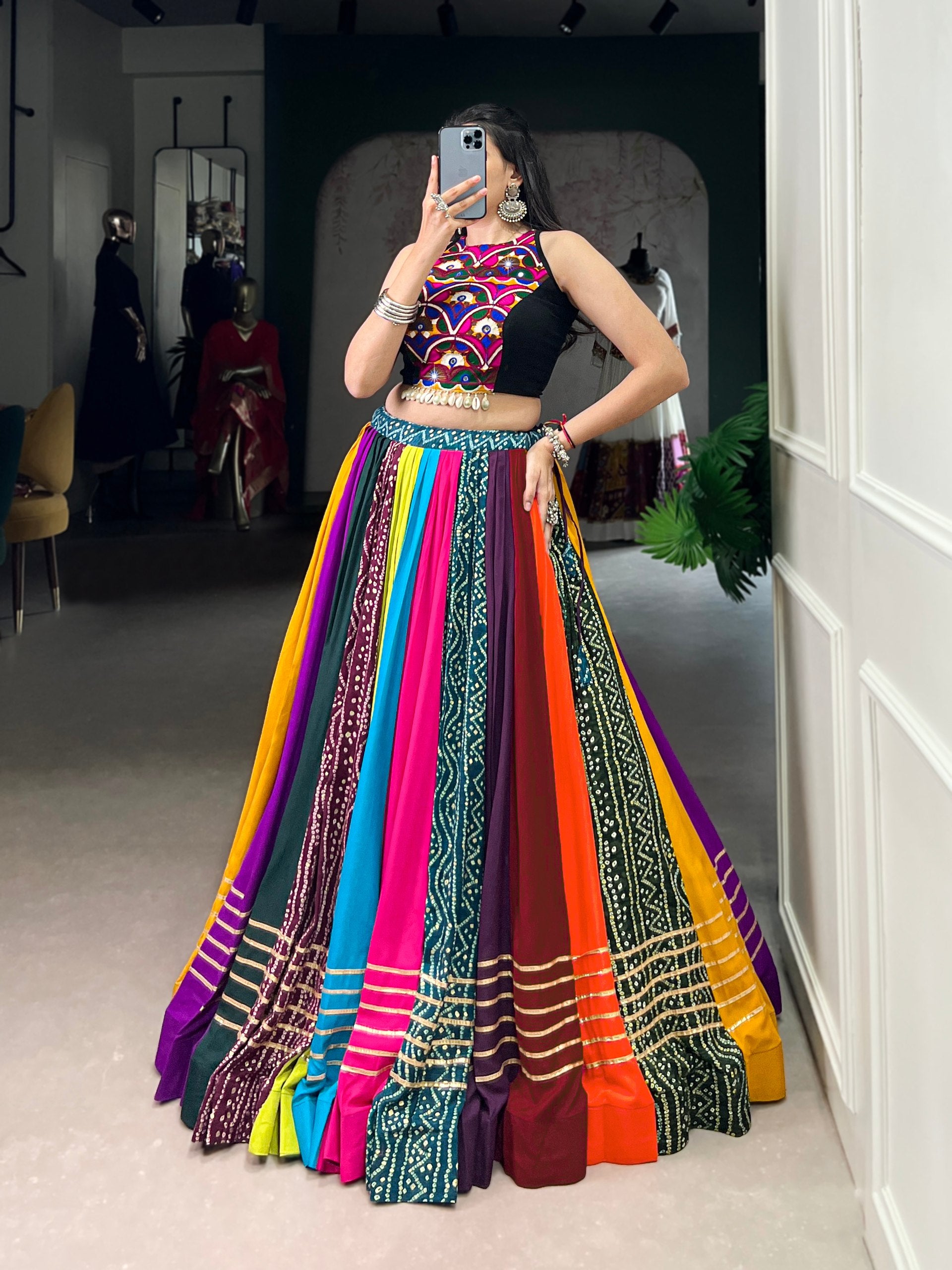 Multicolour Pure Reyon Cotton Embroidery Work Navratri Lehenga Choli