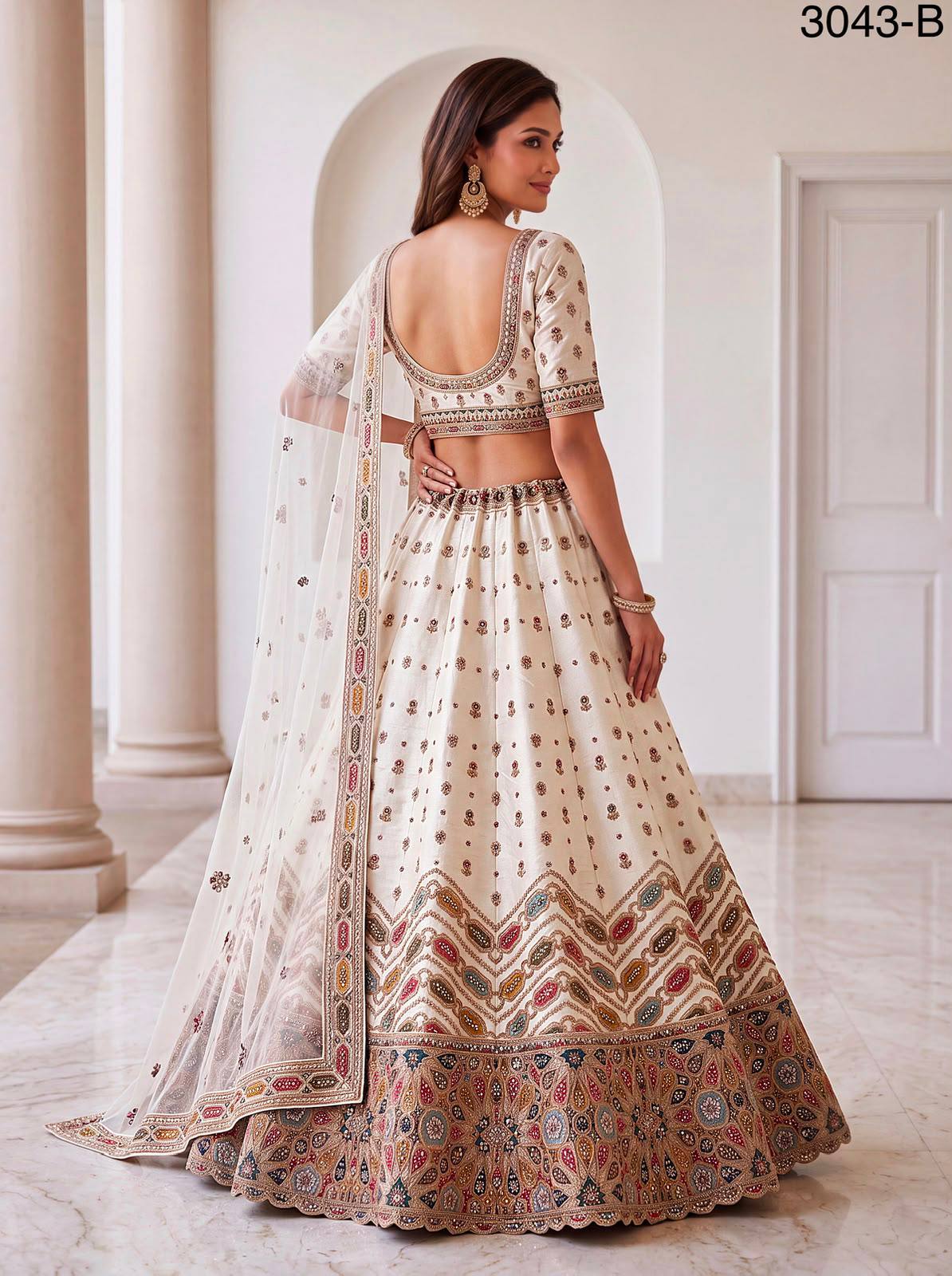 White Pure Slubb Silk Premium Dori Embroidery Sequins & Diamond Work Bridal Lehenga Choli