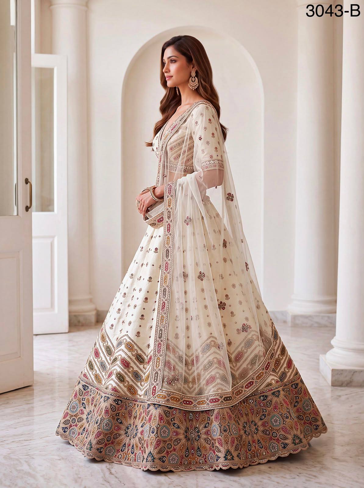 White Pure Slubb Silk Premium Dori Embroidery Sequins & Diamond Work Bridal Lehenga Choli
