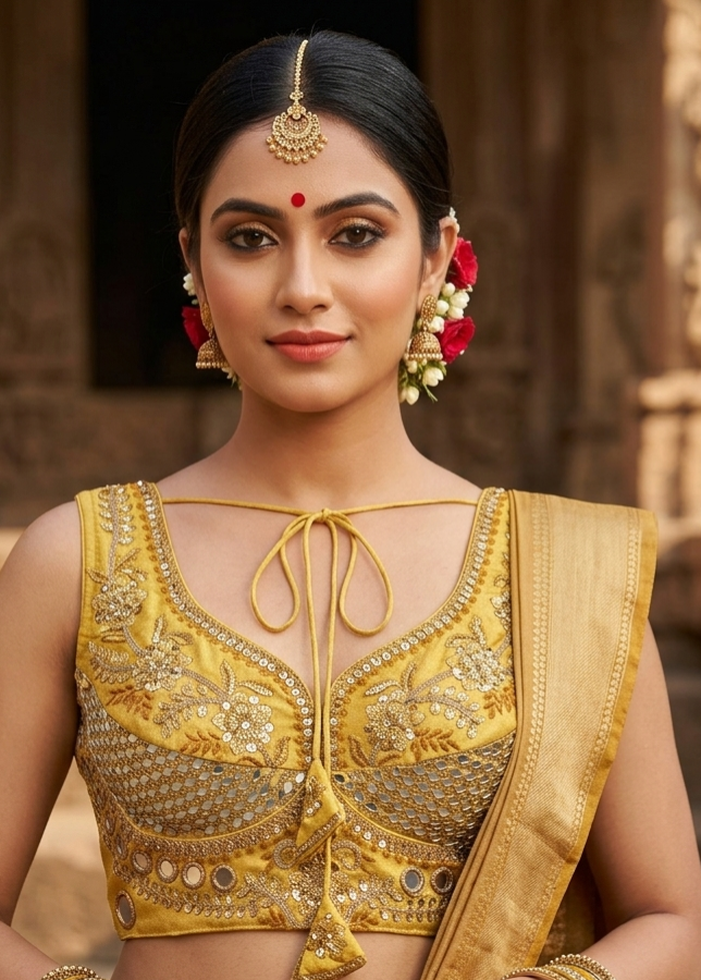 Gold Pure Heavy Real Mirror Thread & Kaudi Wok Bridal Blouse