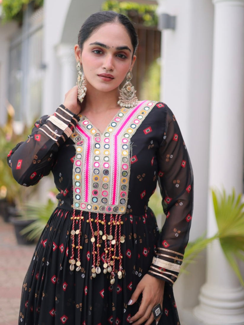 Black Pure Faux Georgette Lahariya Print with Kutchi Patchwork Navratri Lehenga Choli