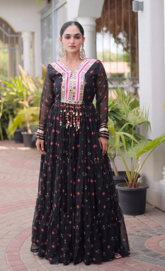 Black Pure Faux Georgette Lahariya Print with Kutchi Patchwork Navratri Lehenga Choli