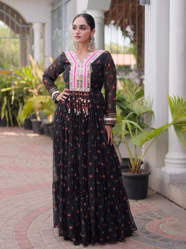 Black Pure Faux Georgette Lahariya Print with Kutchi Patchwork Navratri Lehenga Choli
