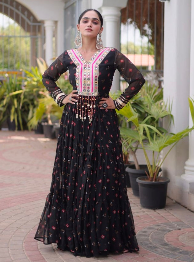 Black Pure Faux Georgette Lahariya Print with Kutchi Patchwork Navratri Lehenga Choli